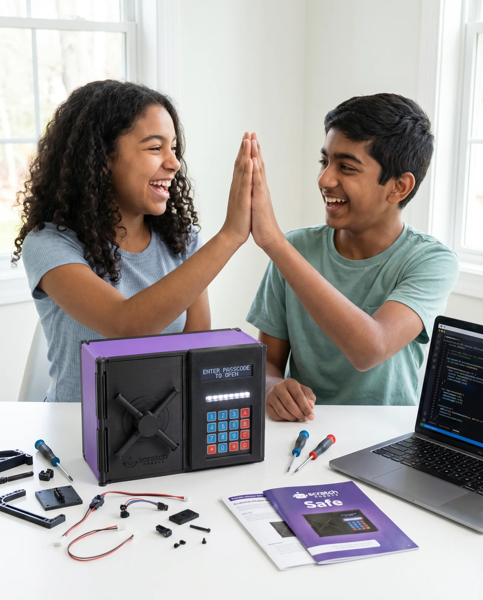 Young maker building a robotics kit with focused concentration