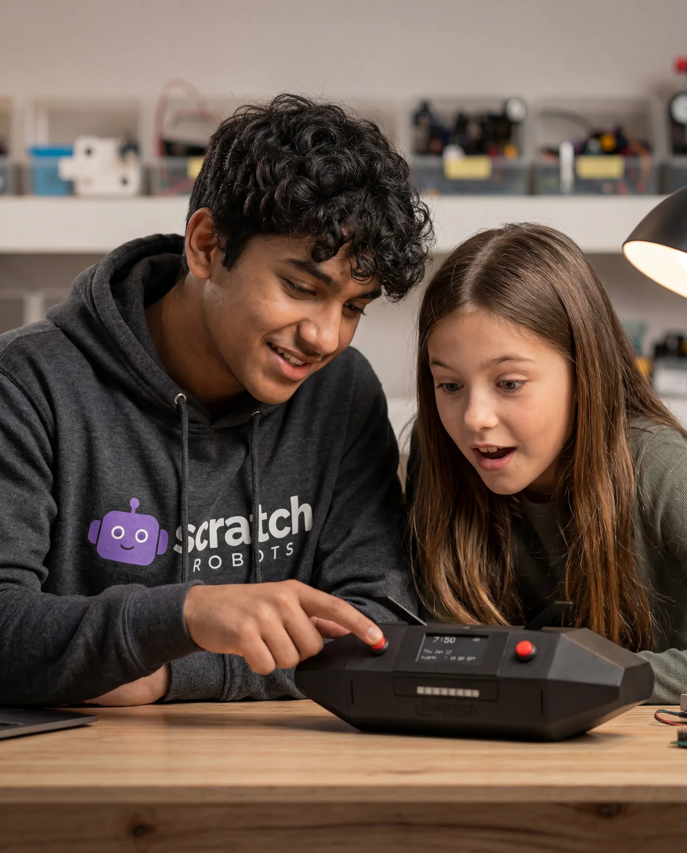 A young maker building a robotics project